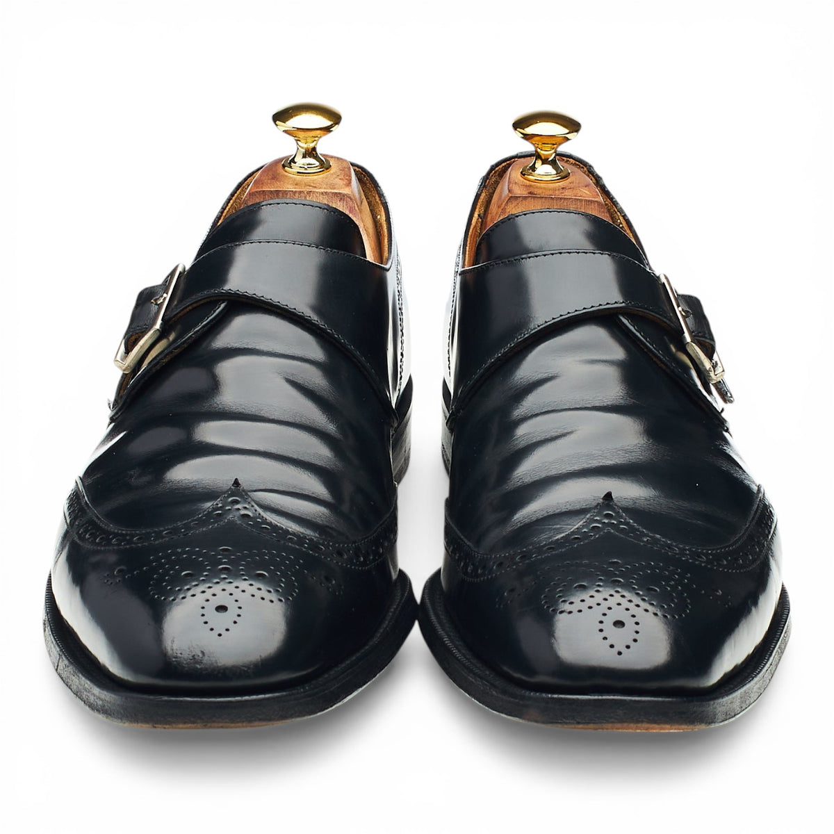 'Piccadilly' Black Leather Brogue Monk Strap UK 10.5 F