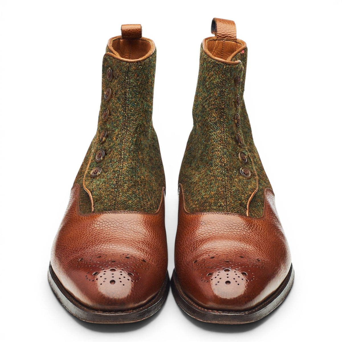 'Westlake' Tan Brown Grain Leather and Tweed Button Boots UK 8 E