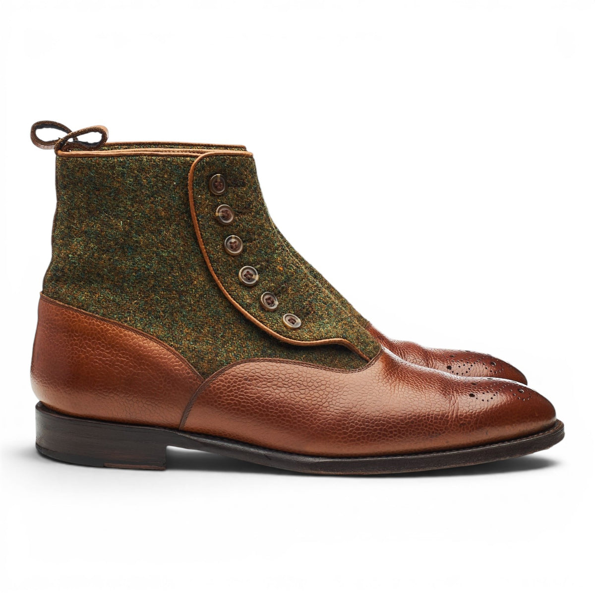 'Westlake' Tan Brown Grain Leather and Tweed Button Boots UK 8 E