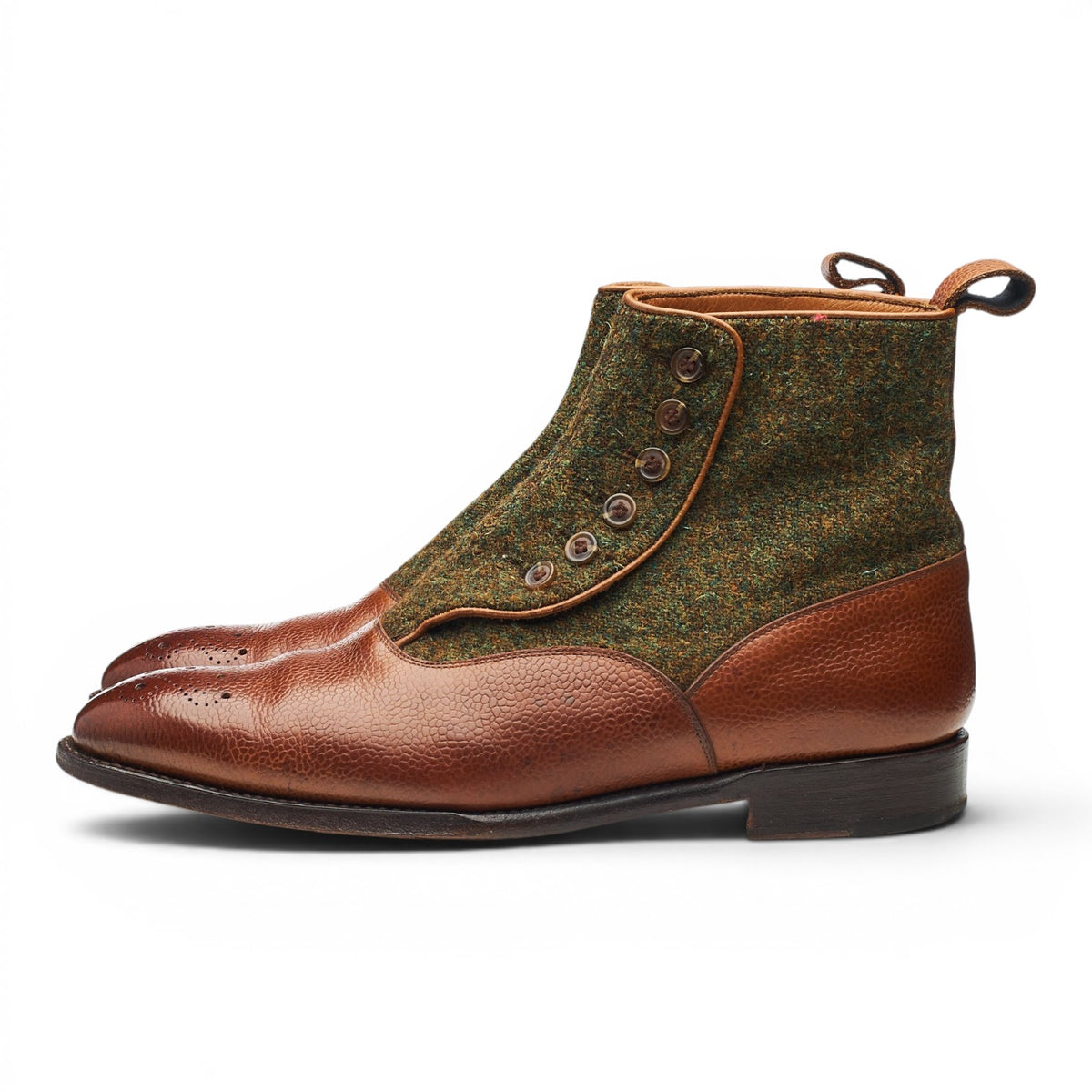 'Westlake' Tan Brown Grain Leather and Tweed Button Boots UK 8 E