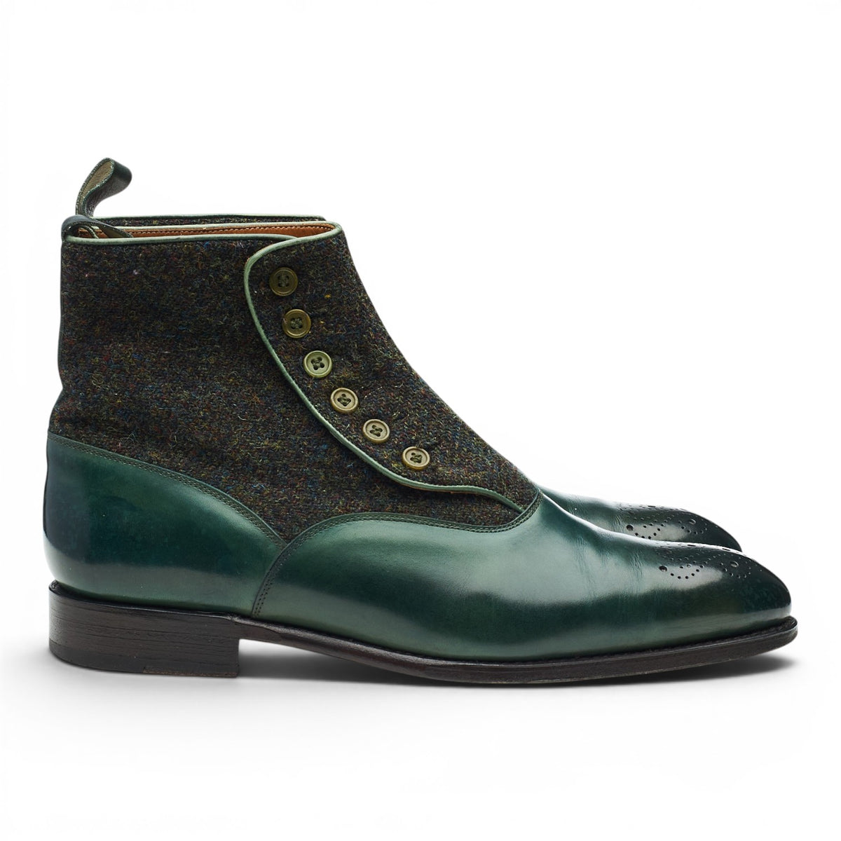 'Westlake' Green Leather and Tweed Button Boots UK 8 E