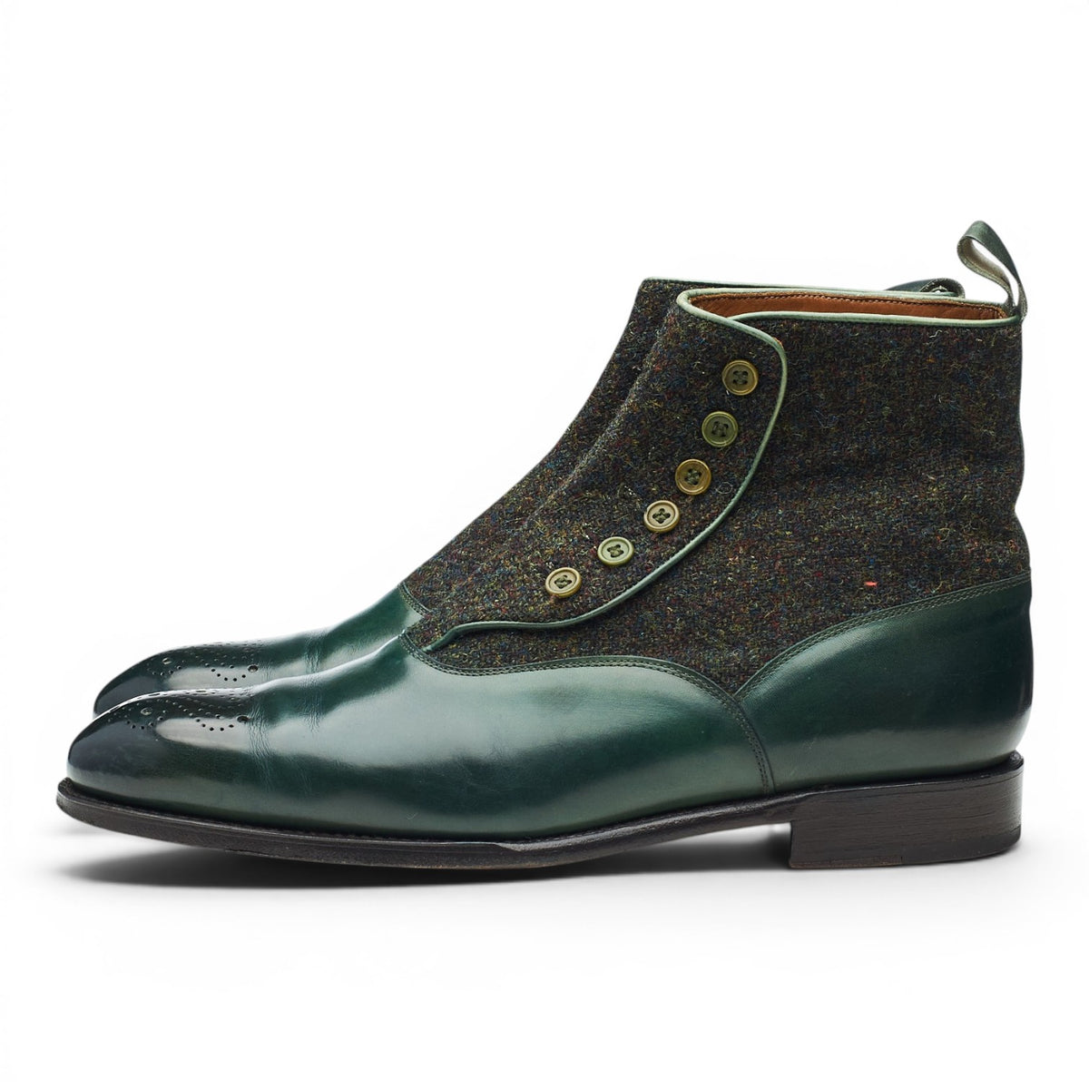 'Westlake' Green Leather and Tweed Button Boots UK 8 E