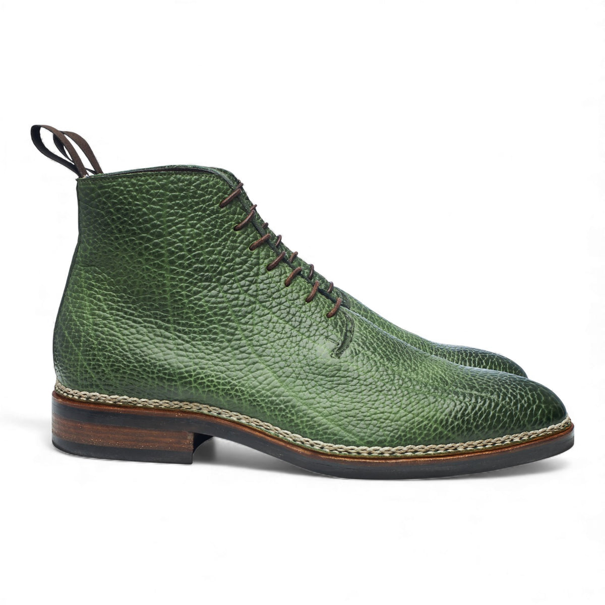 '231 Macro' Green Shrunken Bull Leather Wholecut Boots UK 10.5