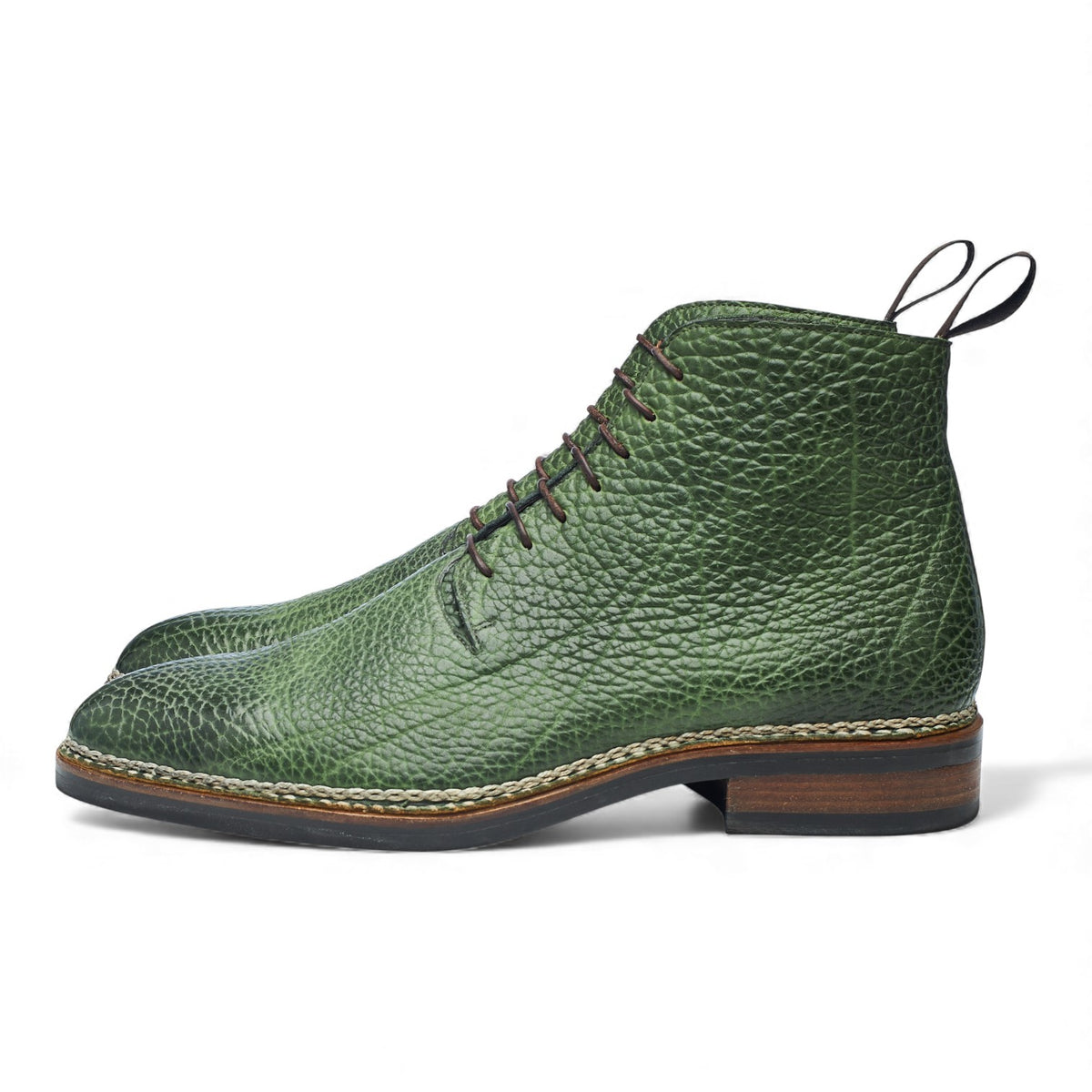 '231 Macro' Green Shrunken Bull Leather Wholecut Boots UK 10.5