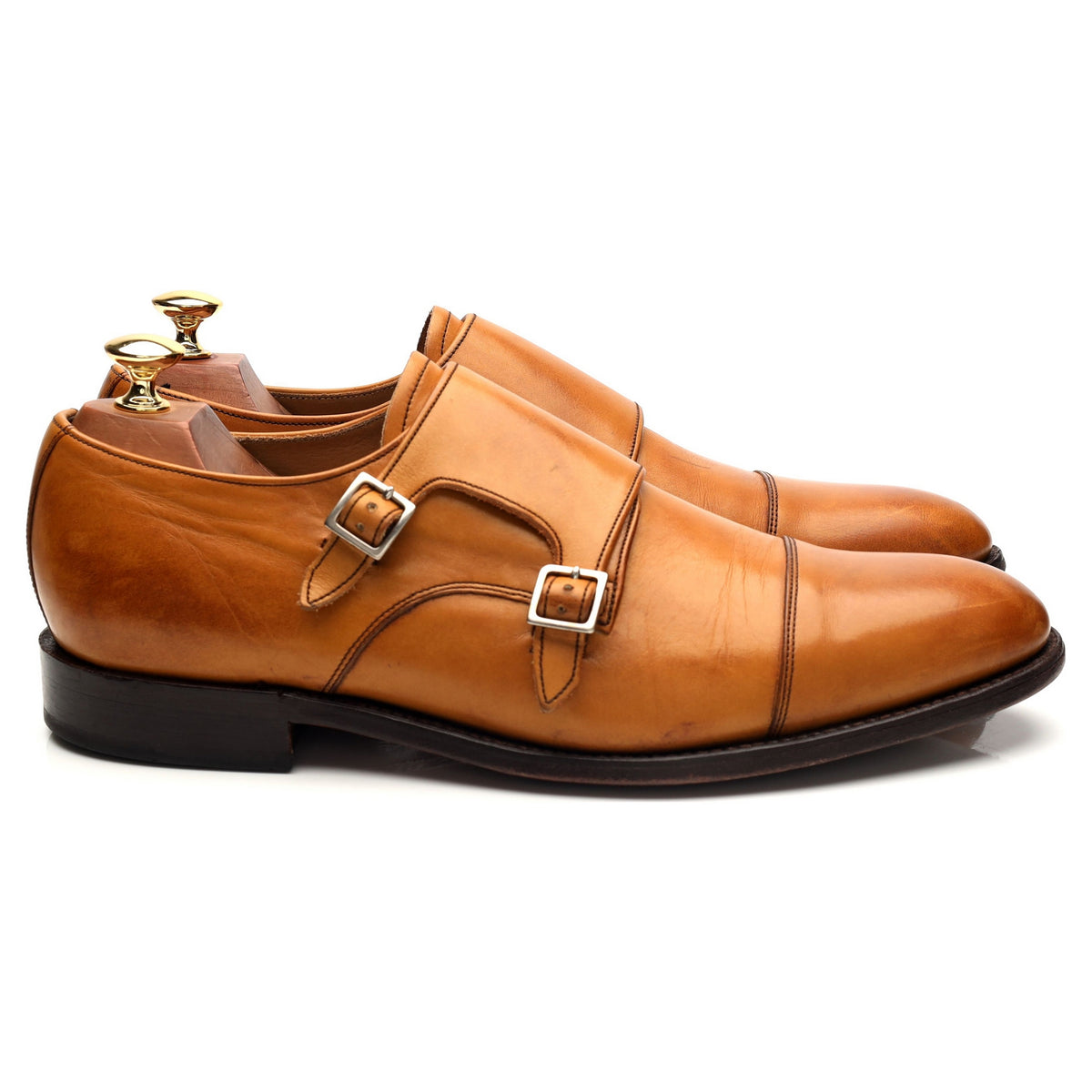 &#39;Tunstall&#39; Tan Brown Leather Double Monk Strap UK 9 F