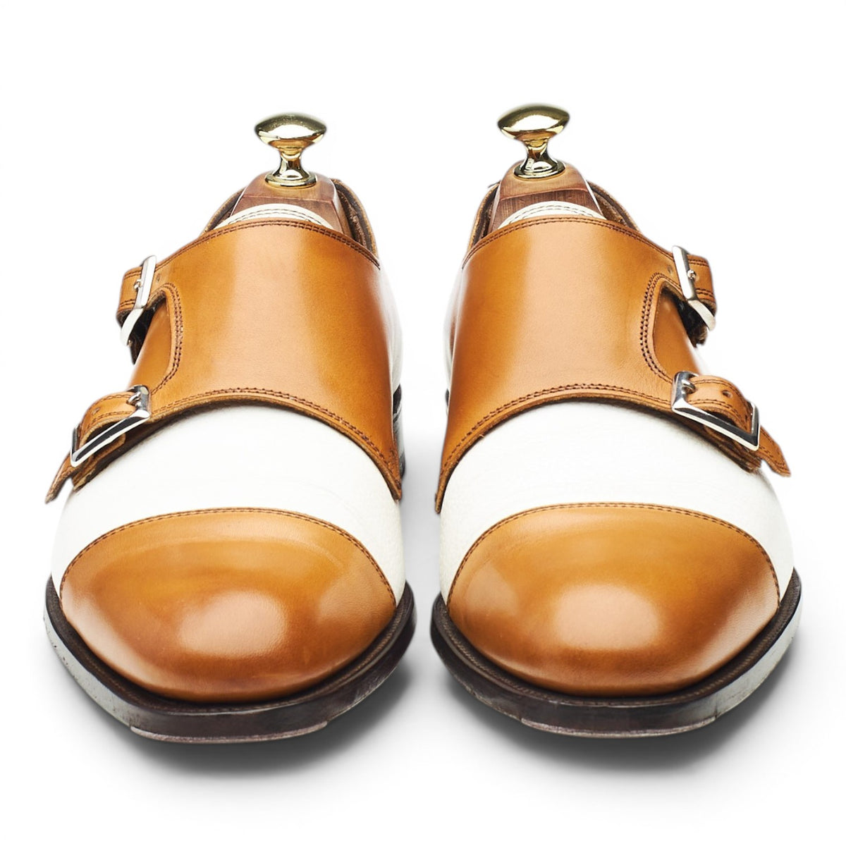 'Darcy' Tan Brown and White Leather Double Monk Strap UK 7.5