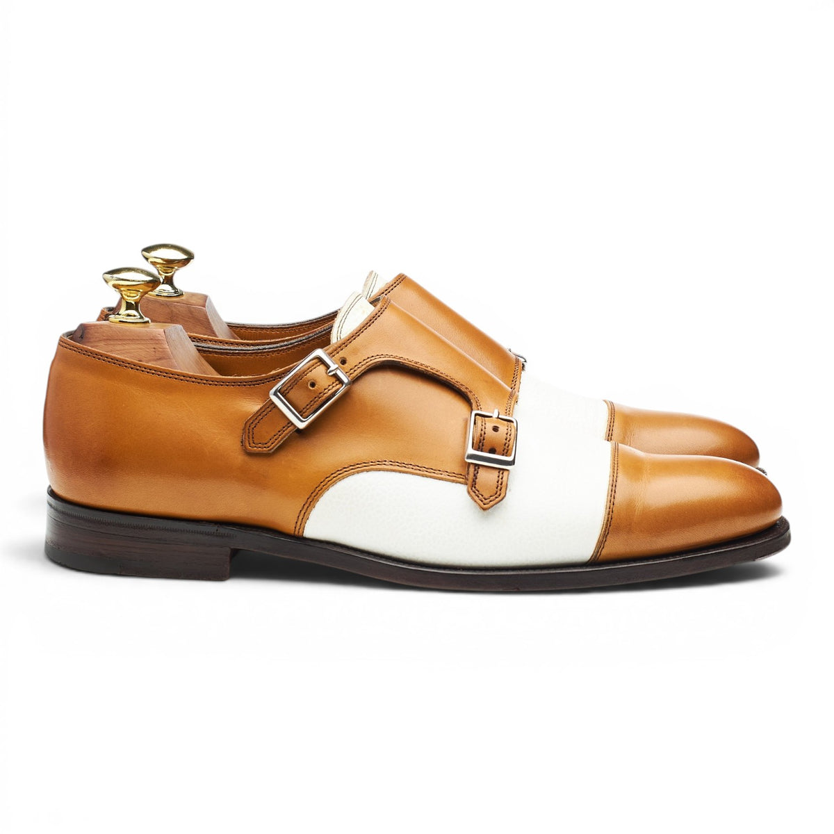 'Darcy' Tan Brown and White Leather Double Monk Strap UK 7.5