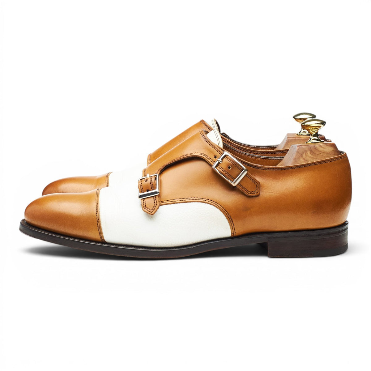'Darcy' Tan Brown and White Leather Double Monk Strap UK 7.5