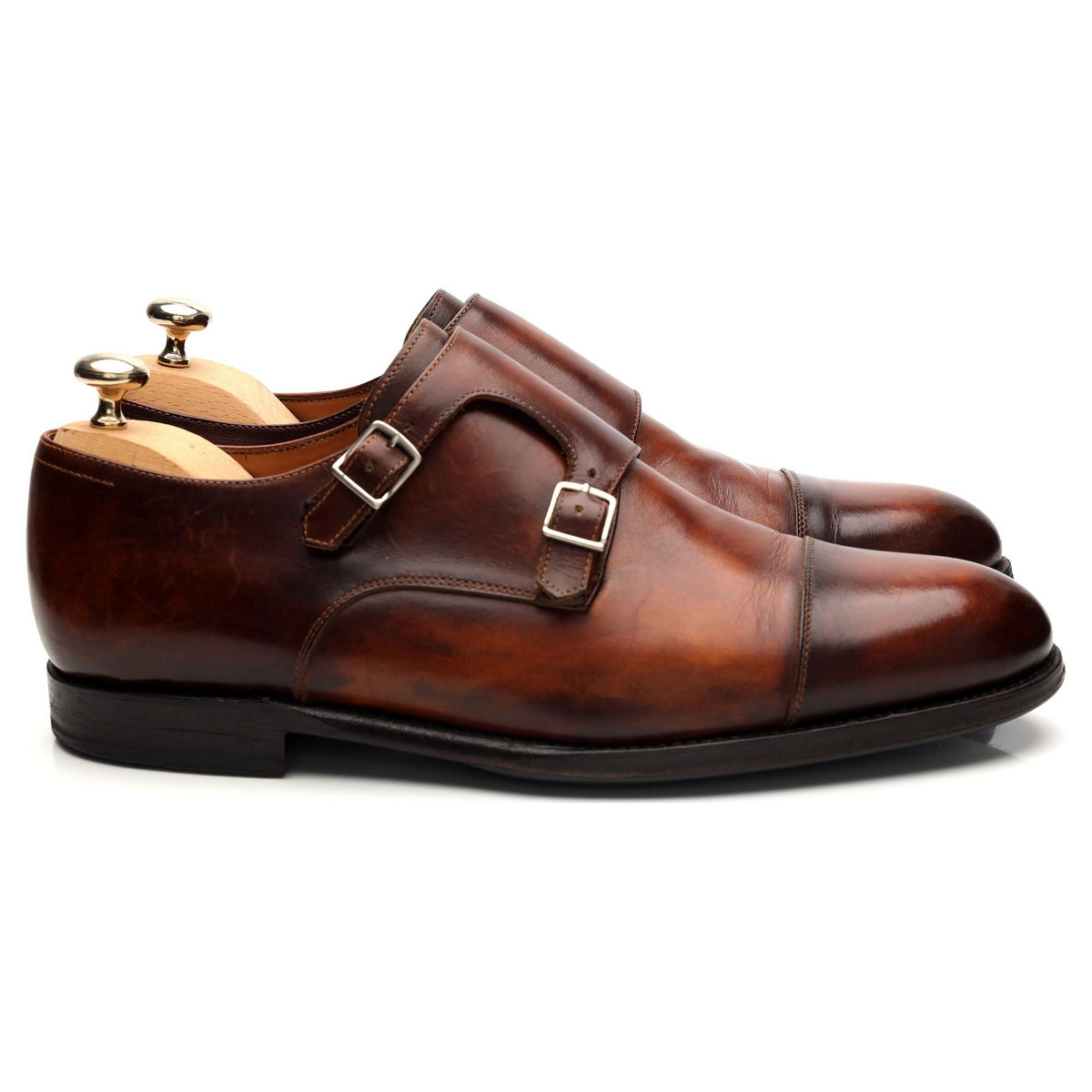 &#39;Rennan&#39; Tan Brown Patina Leather Double Monk Strap UK 8