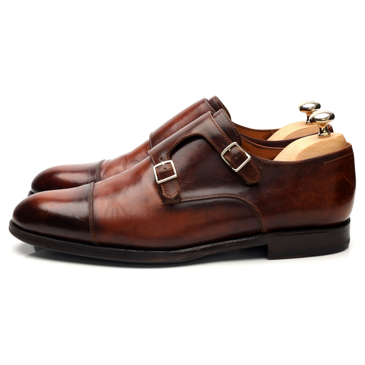&#39;Rennan&#39; Tan Brown Patina Leather Double Monk Strap UK 8