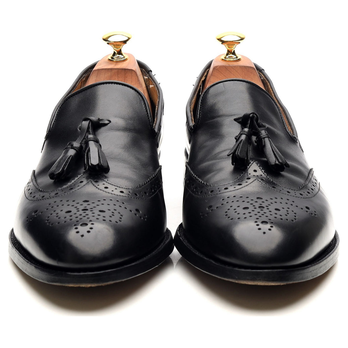 Black Leather Wing Cap Tassel Loafers UK 10 F