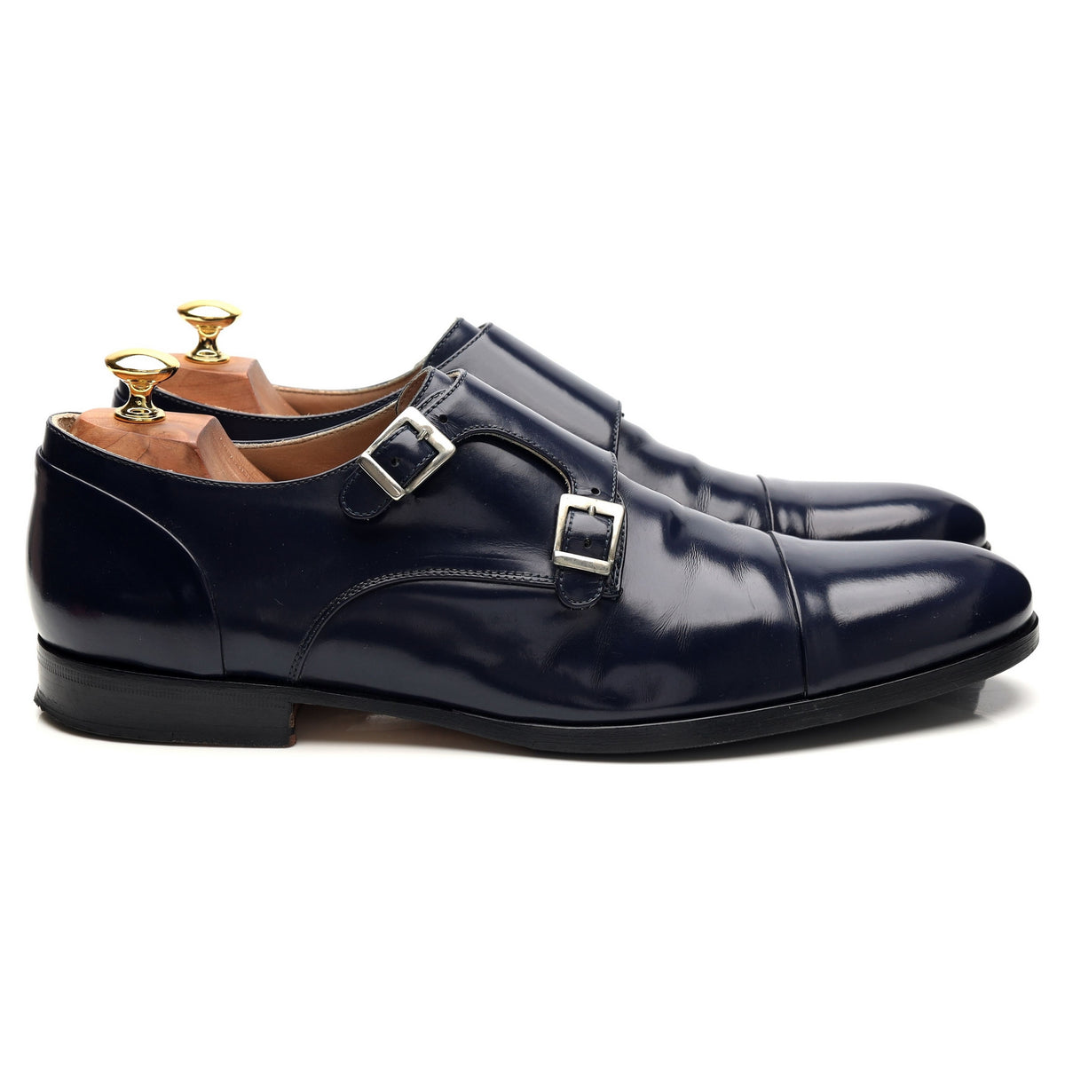 &#39;Monk&#39; Navy Blue Leather Double Monk Strap UK 10