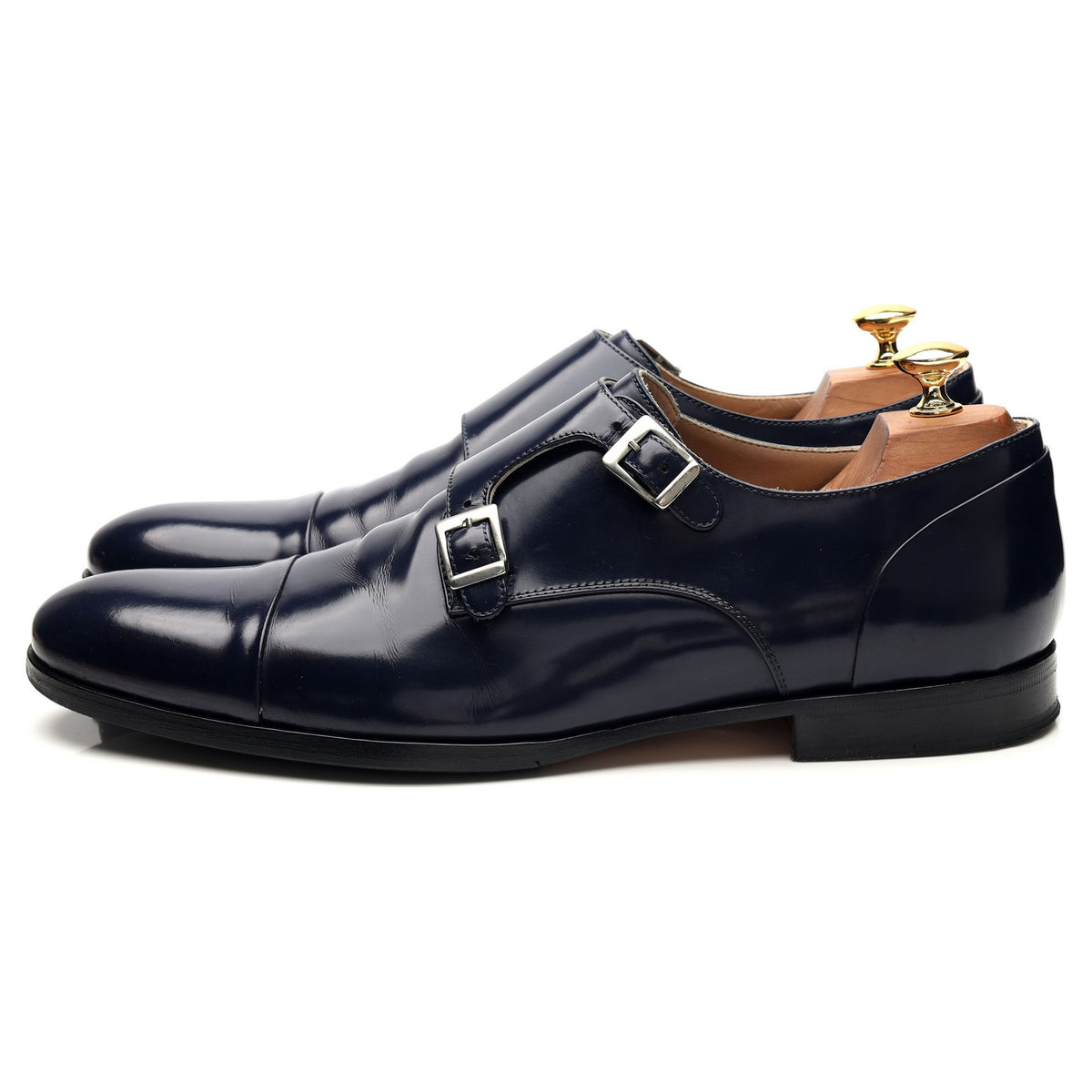 &#39;Monk&#39; Navy Blue Leather Double Monk Strap UK 10