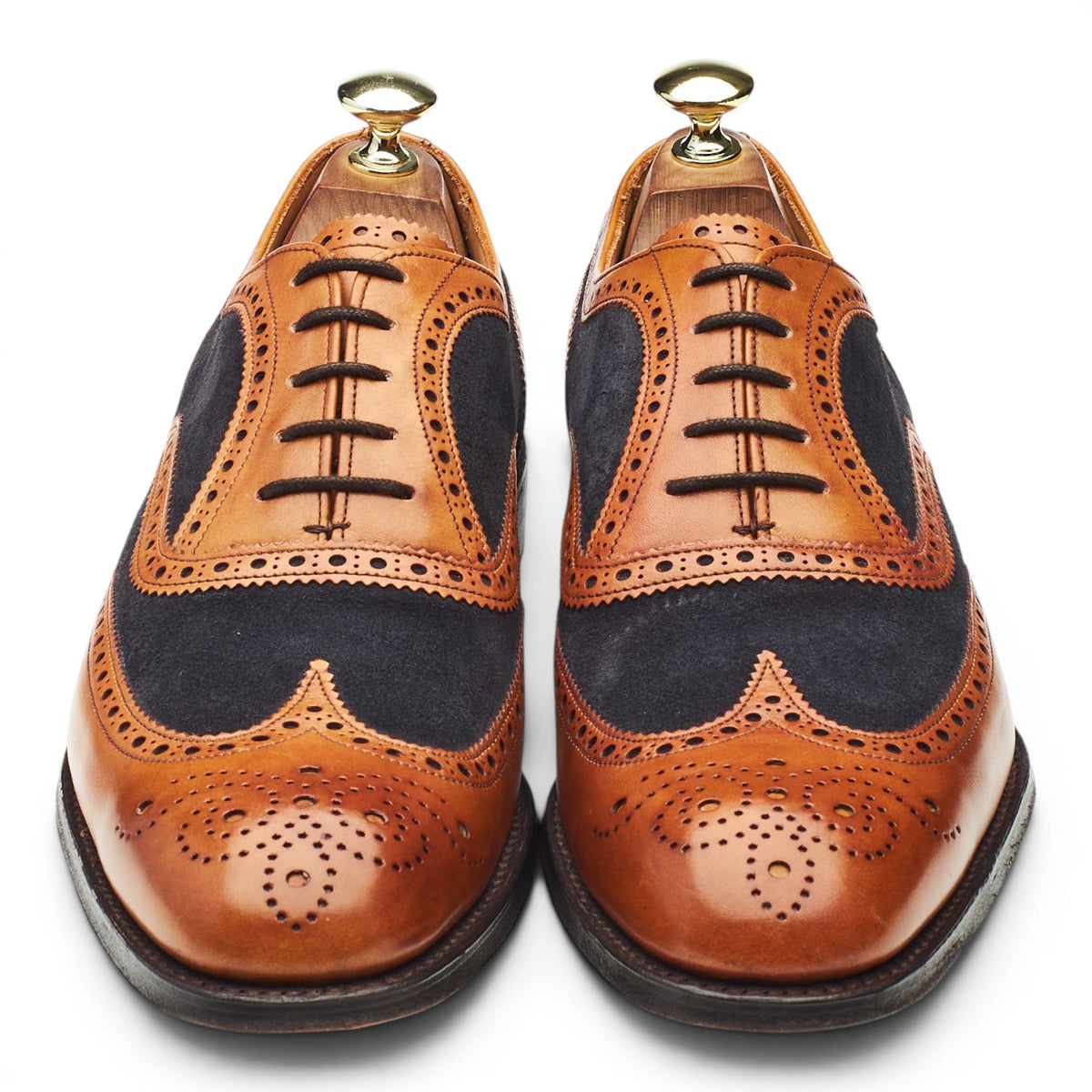 'Edwin' Tan Brown Leather and Navy Blue Suede Oxford Brogues UK 7.5 F