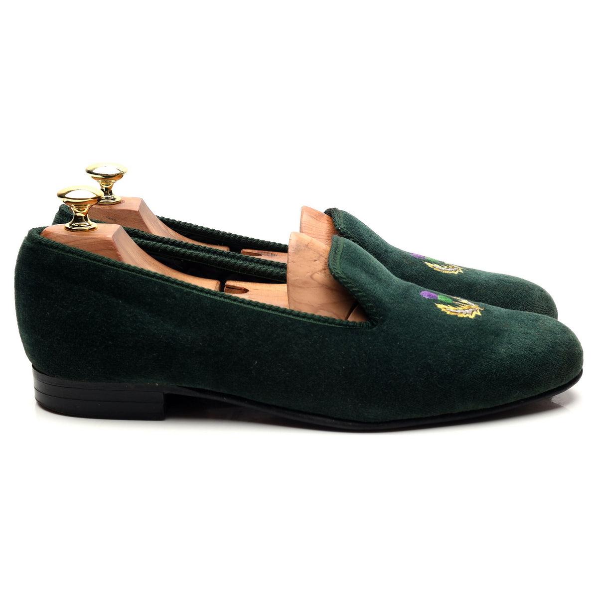 &#39;Thistle&#39; Dark Green Velvet Slippers UK 8.5