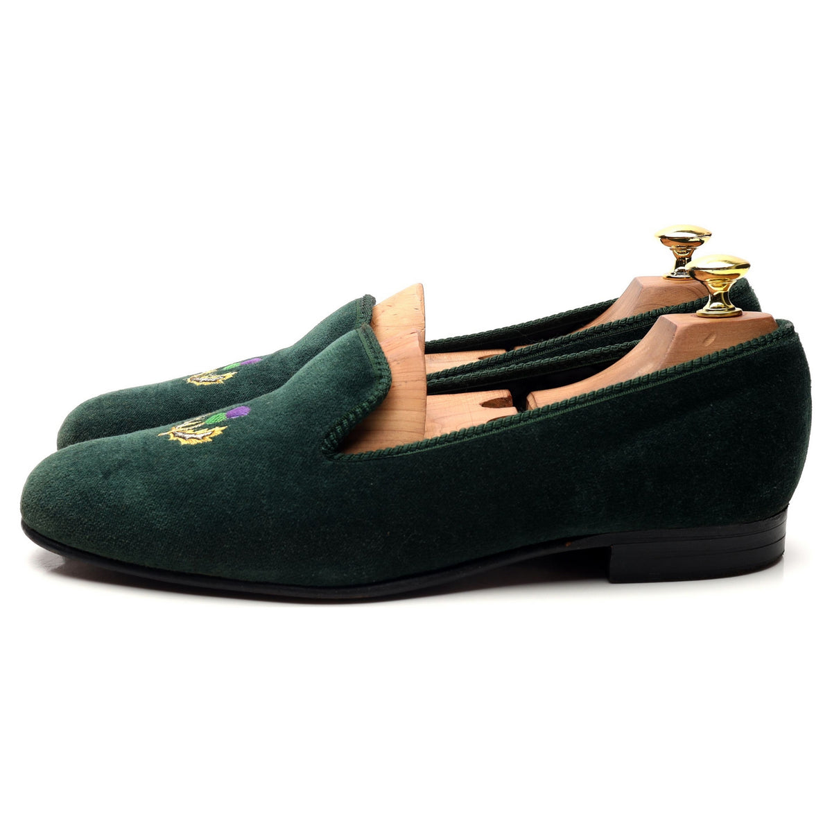 &#39;Thistle&#39; Dark Green Velvet Slippers UK 8.5