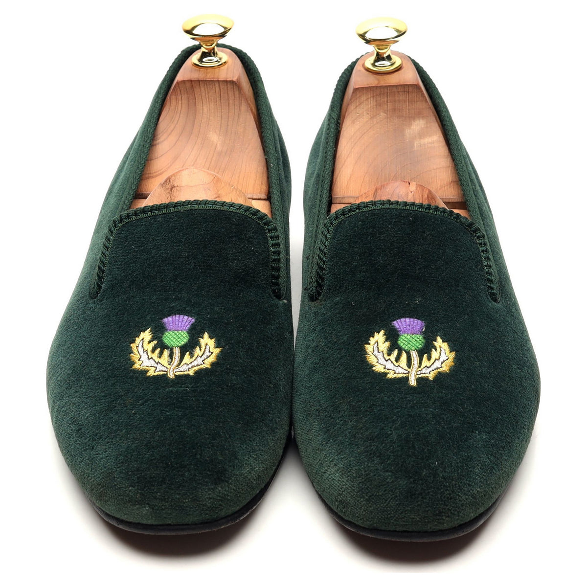 &#39;Thistle&#39; Dark Green Velvet Slippers UK 8.5