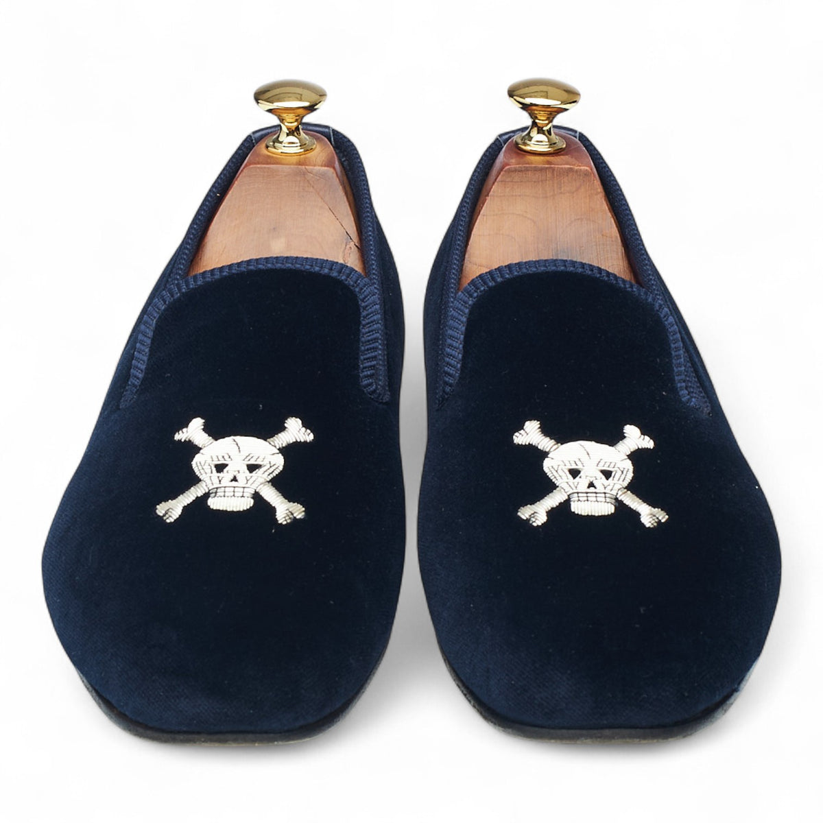 'Skull & Crossbones' Navy Blue Velvet Slippers UK 9