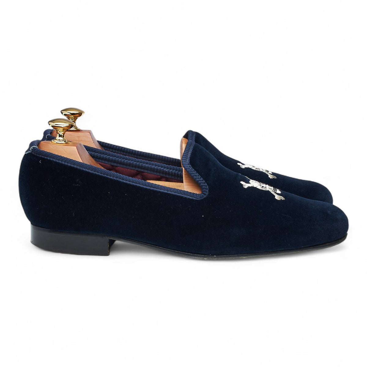 'Skull & Crossbones' Navy Blue Velvet Slippers UK 9