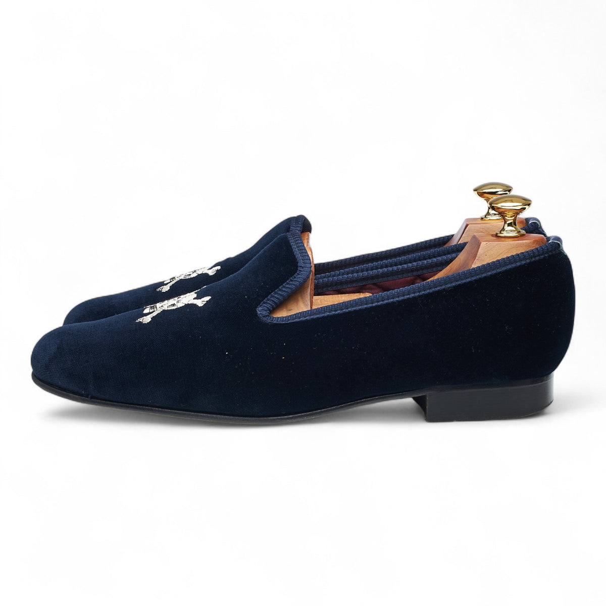 'Skull & Crossbones' Navy Blue Velvet Slippers UK 9