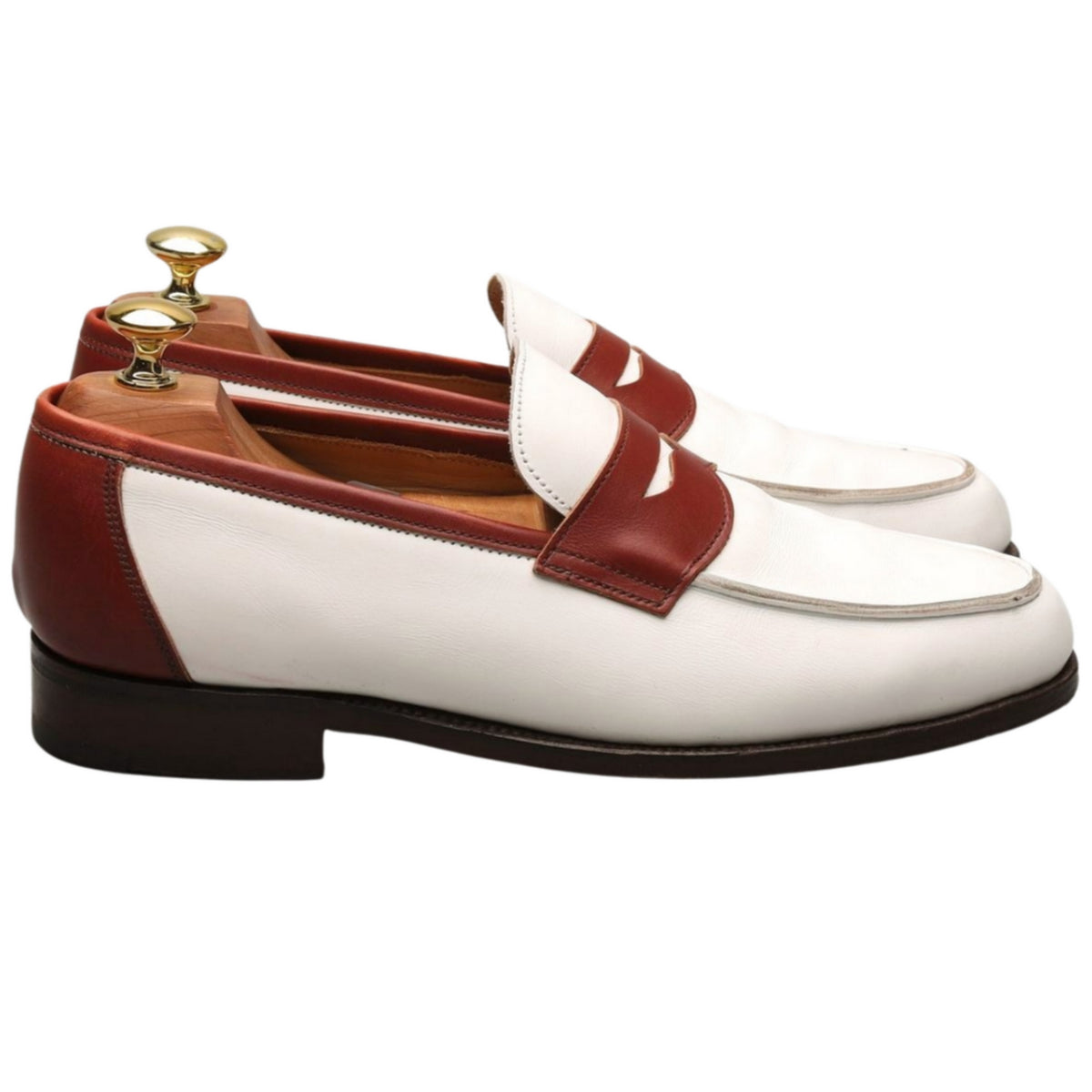 White and Tan Brown Leather Loafers UK 8