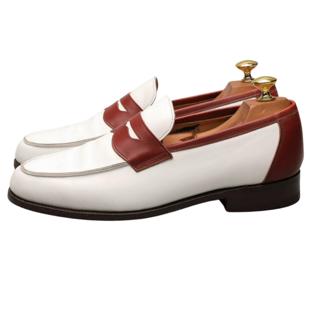 White and Tan Brown Leather Loafers UK 8