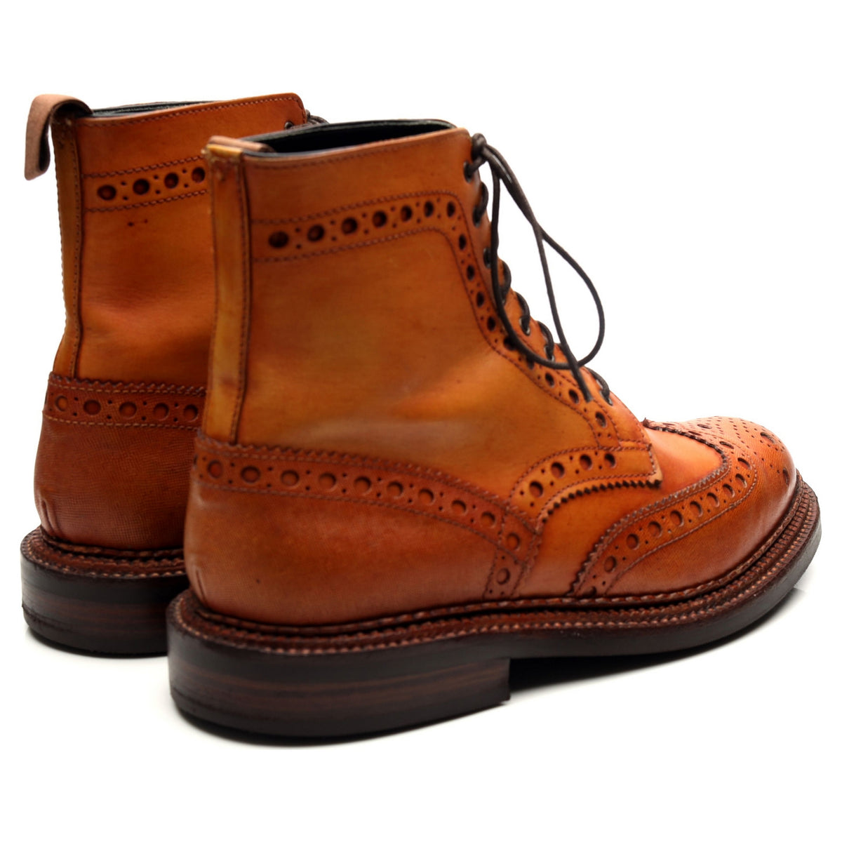 &#39;Fred&#39; Triple Welt Tan Brown Leather Brogue Boots UK 8 G