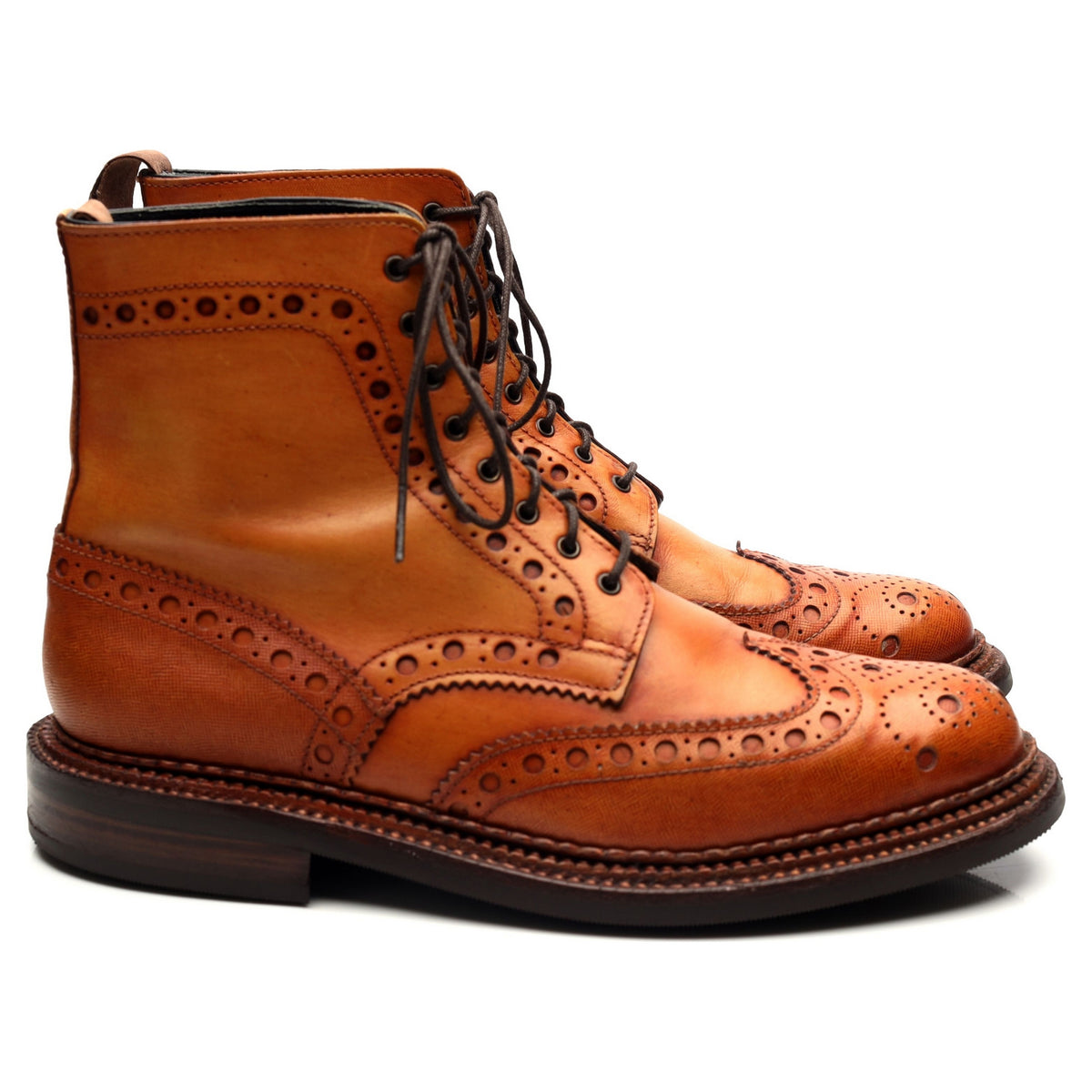 &#39;Fred&#39; Triple Welt Tan Brown Leather Brogue Boots UK 8 G