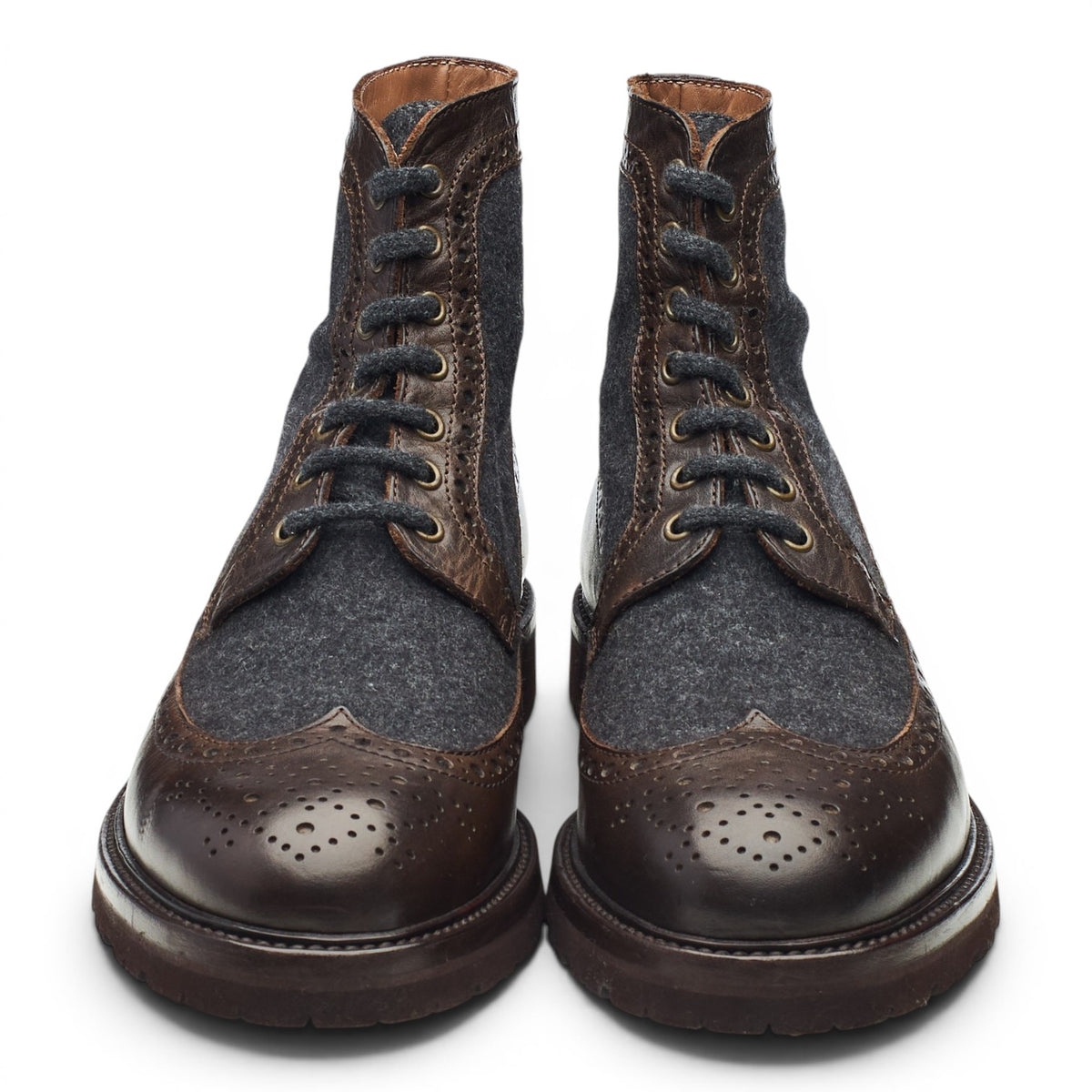 Dark Brown Leather Navy Blue Wool Brogue Boots UK 10 EU 44