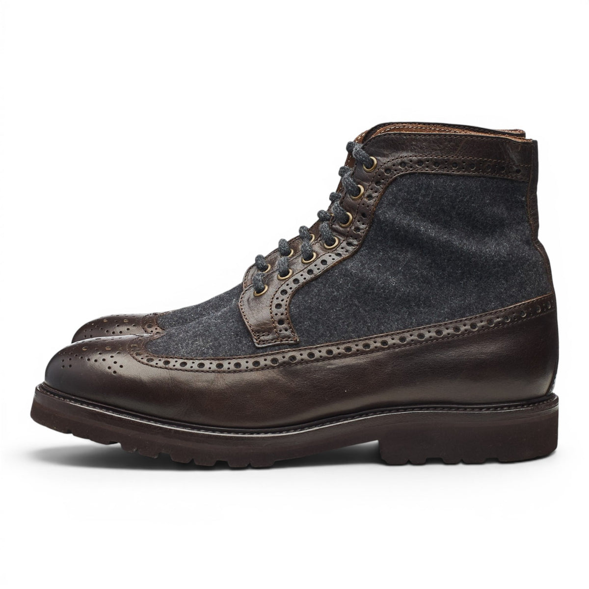 Dark Brown Leather Navy Blue Wool Brogue Boots UK 10 EU 44