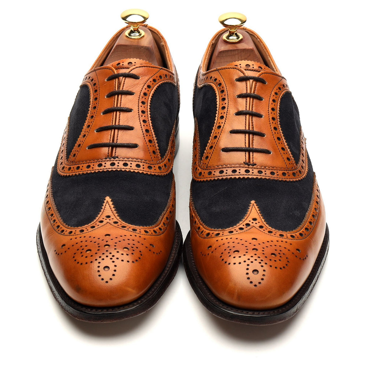 &#39;Edwin&#39; Tan Leather Navy Suede Oxford Brogue UK 9.5 F