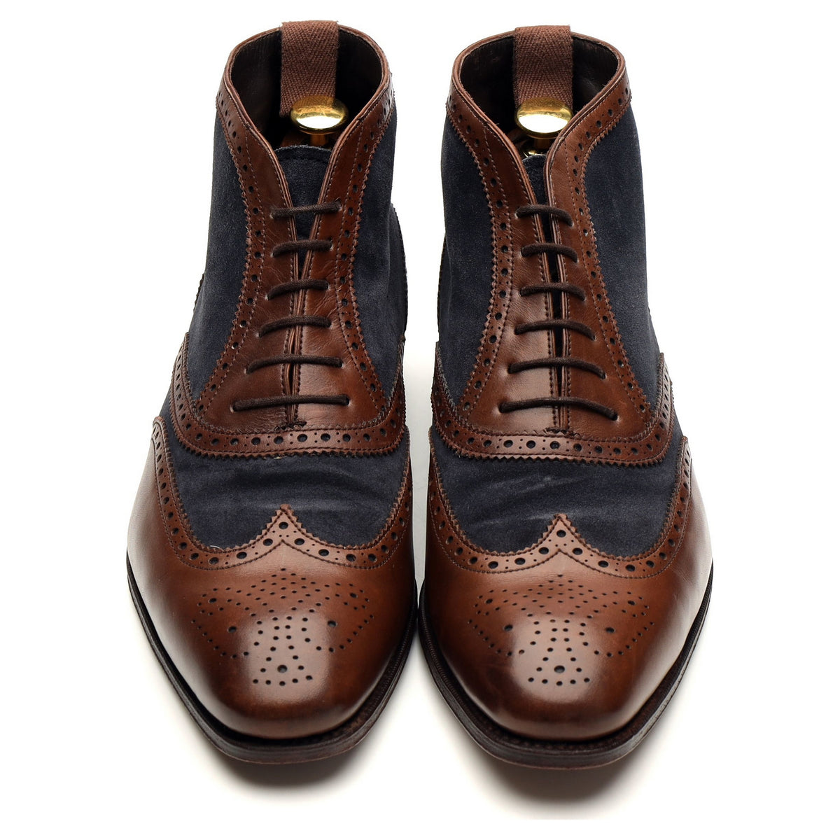 &#39;80438&#39; Brown Leather Navy Blue Suede Brogue Boots UK 8