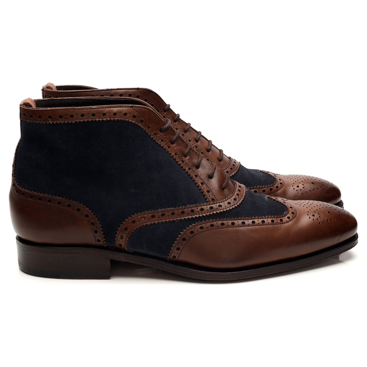 &#39;80438&#39; Brown Leather Navy Blue Suede Brogue Boots UK 8