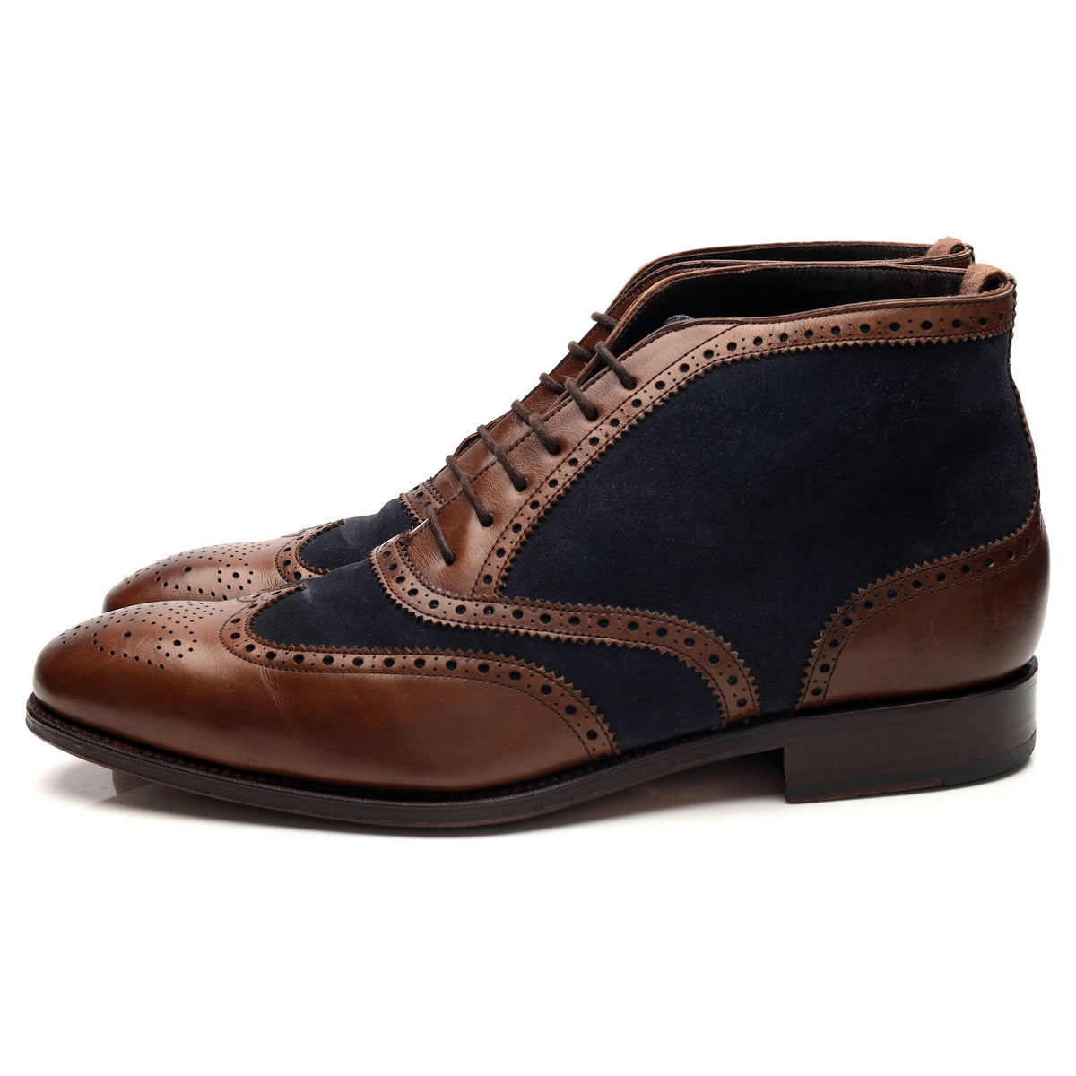 &#39;80438&#39; Brown Leather Navy Blue Suede Brogue Boots UK 8