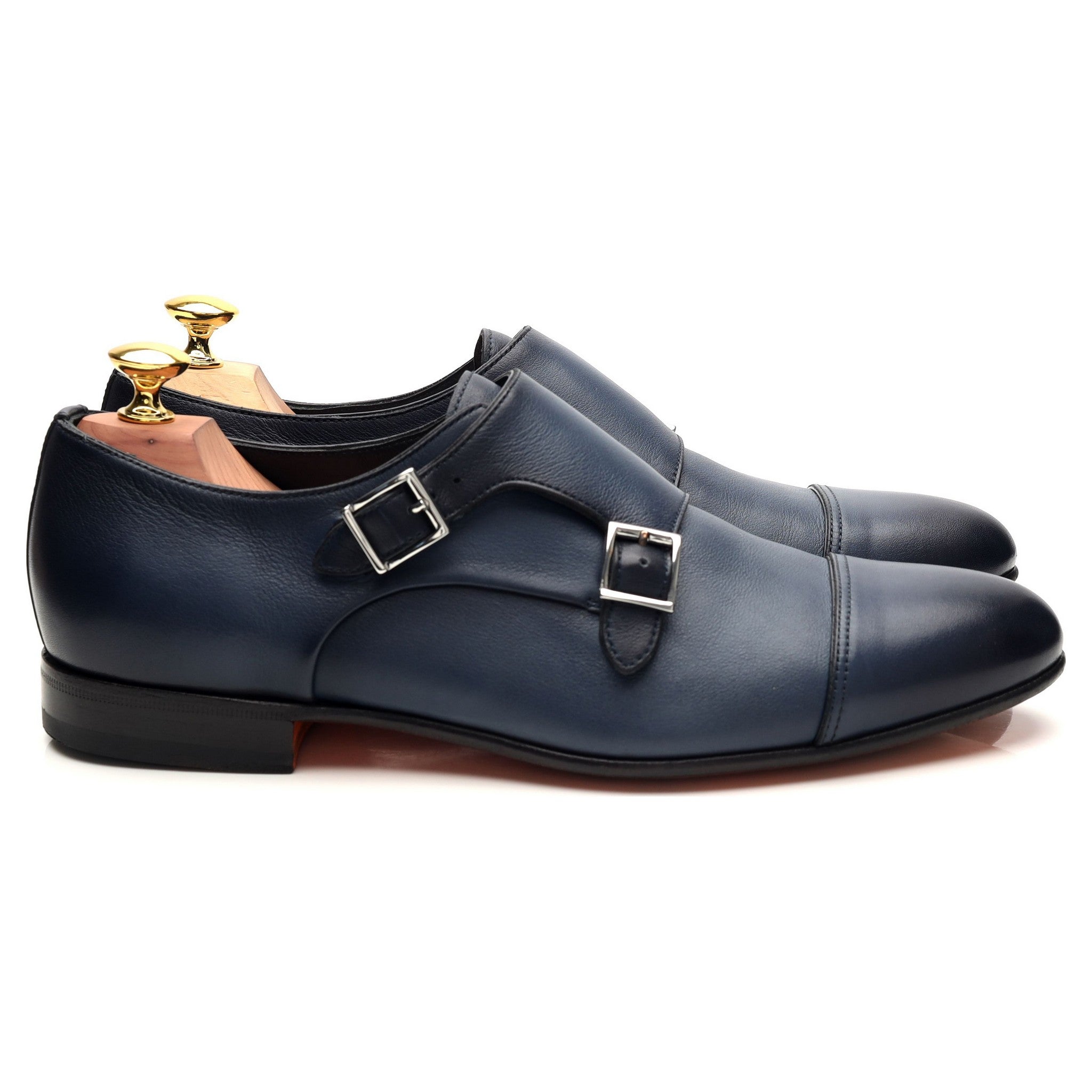 ネイビーブルーレザーダブルモンクストラップ UK 7 - Abbot's Shoes