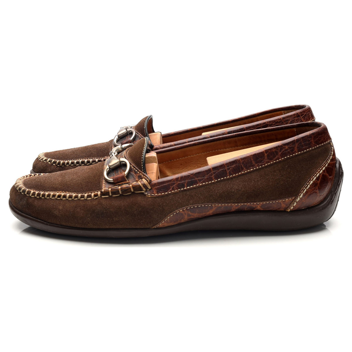 'Saxon' Brown Suede / Crocodile Grain Leather Horsebit Loafers UK 9.5 US 10.5