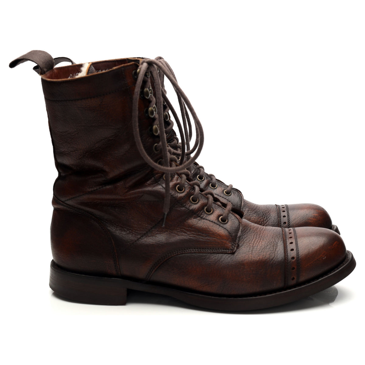 &#39;Tiger Moth&#39; Dark Brown Grain Leather Military Boots UK 8 F